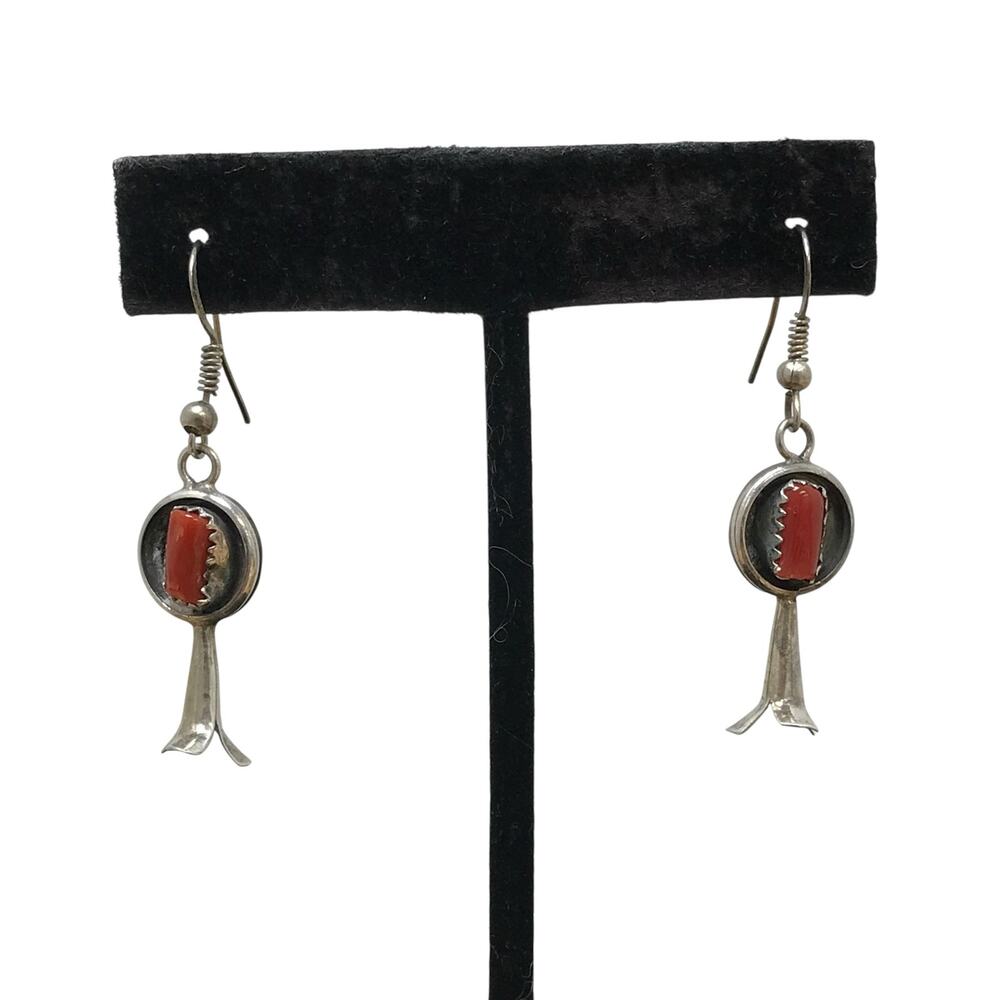 Vintage Coral Sterling Silver Squash Blossom Pierced Earrings Navajo Native 3g